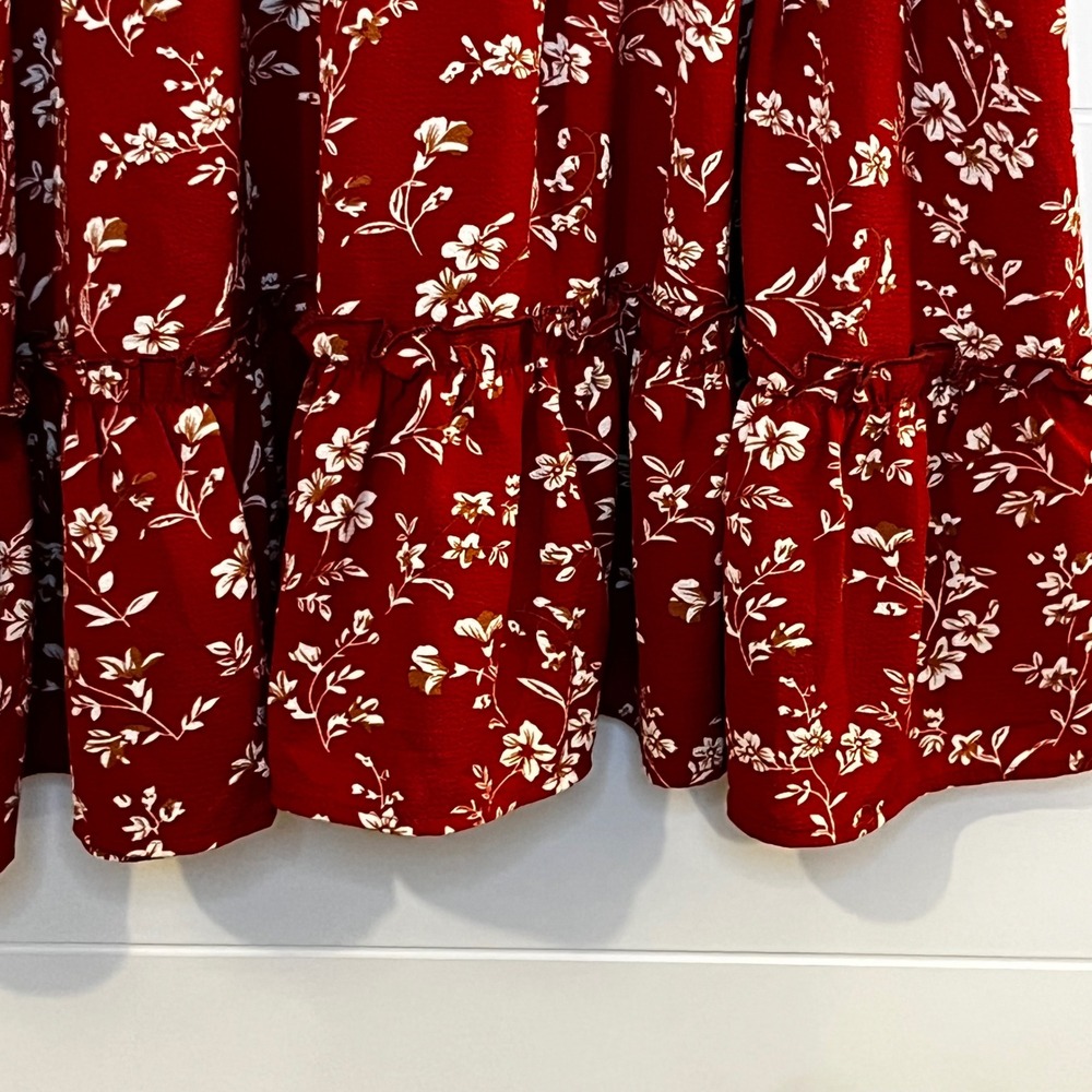 Womens Red Floral Print Mini Dress Spaghetti Straps Crochet Summer Sundress L - Picture 6 of 12